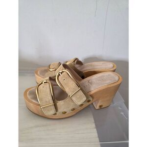 Veronica Beard Halifax Suede Dual Buckle Open Toe High Heel Clog Shoe In Desert